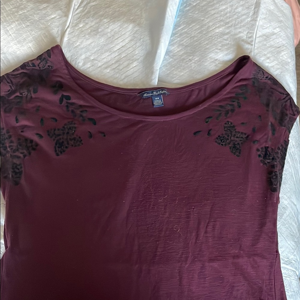 American Eagle Women's Purple Top with Black Floral Accents